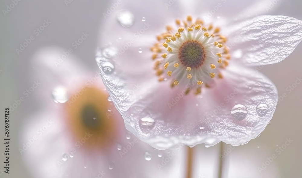  a close up of a pink flower with water droplets on its petals and a yellow center in the center of