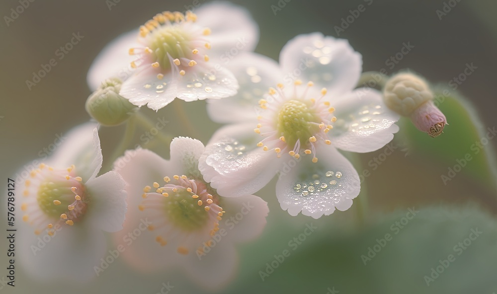  a group of white flowers with water droplets on them and a green leaf in the foreground, with a blu