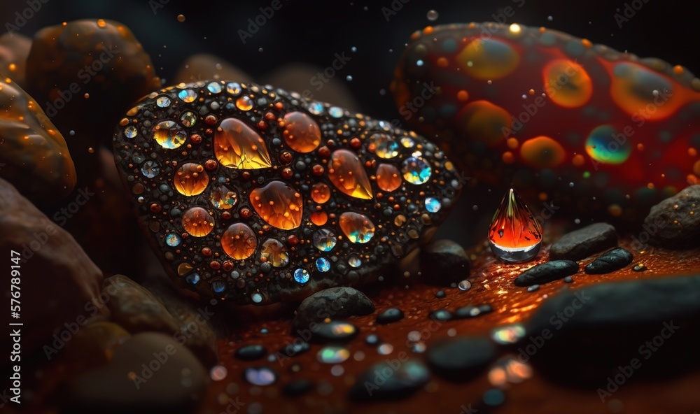  a close up of a rock with water drops on it and a candle on the rocks next to it with a red light s