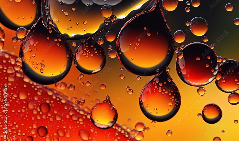  a close up of water drops on a red surface with a black background and a yellow and red background 