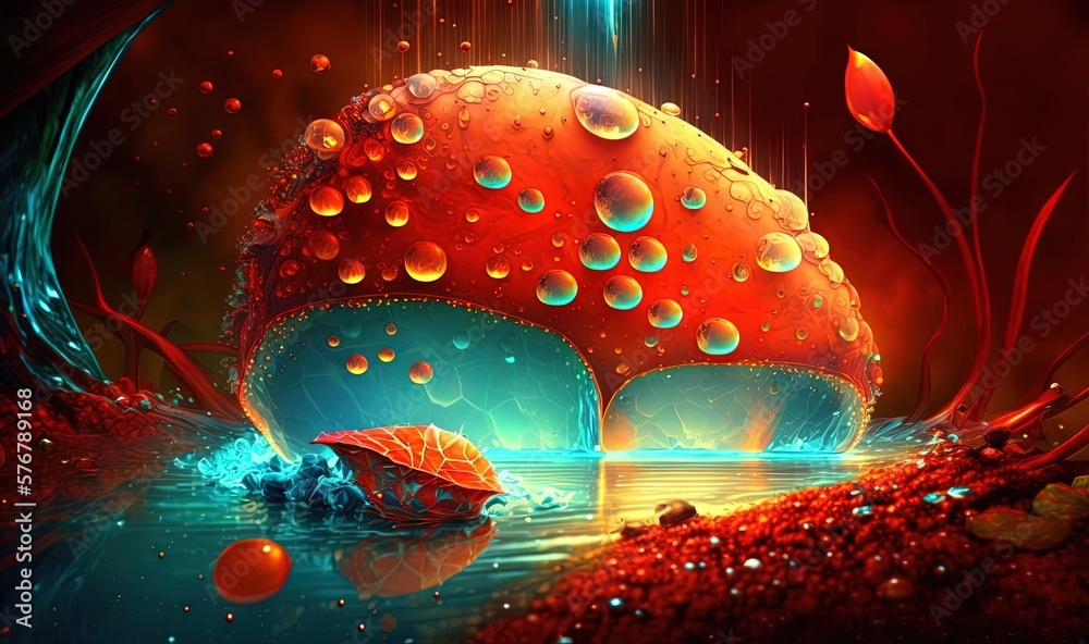  a painting of a mushroom with a red umbrella in the water and red leaves on the ground and a blue l