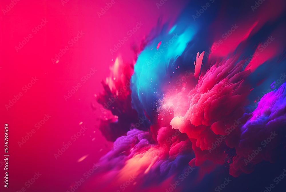 Abstract fluid color background. Layered paint swirls and twists. Blue and viva magenta wallpaper. G