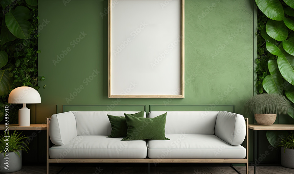  a green living room with a white couch and a green plant on the wall and a framed poster on the wal