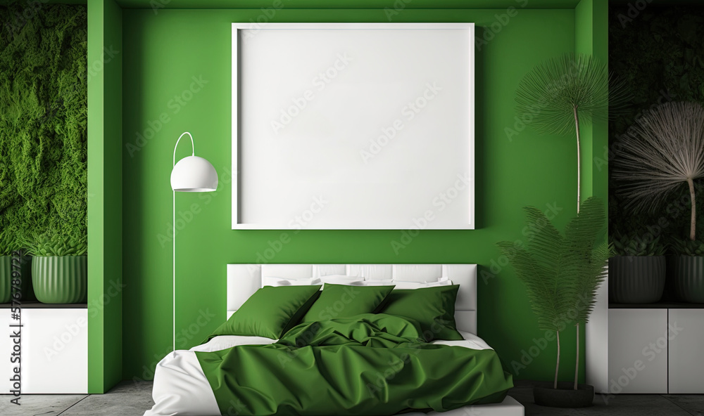  a bedroom with a green wall and a white bed with green sheets and pillows and a green plant in the 