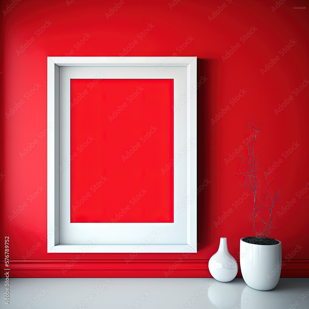  a white vase sitting next to a red wall with a picture frame on its wall next to a white vase with