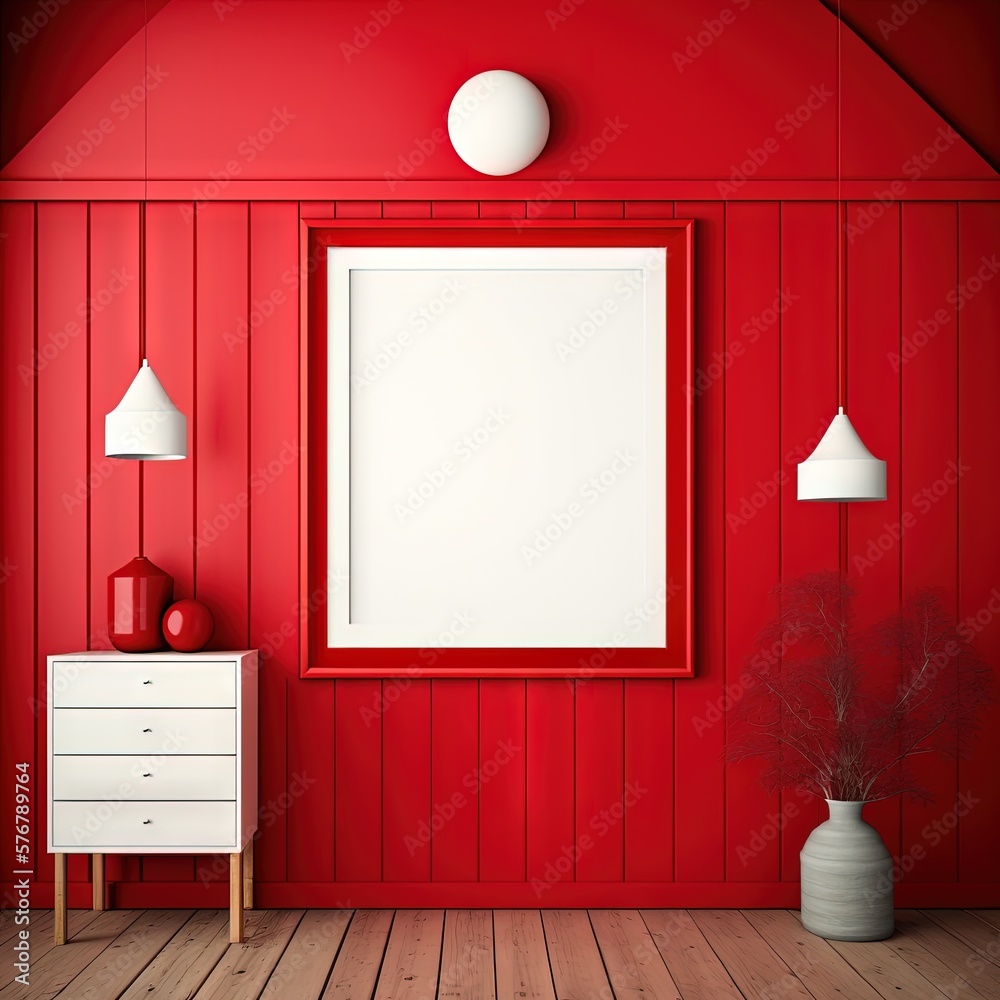  a room with a red wall and a white dresser and a white framed picture hanging on the wall and a whi