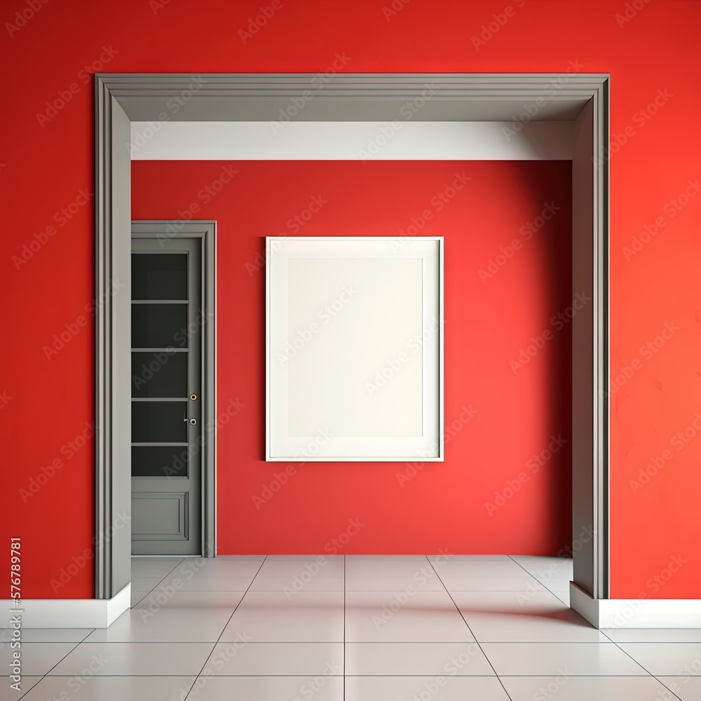  an empty room with an open door and a blank picture frame on the wall, in front of a red wall with 