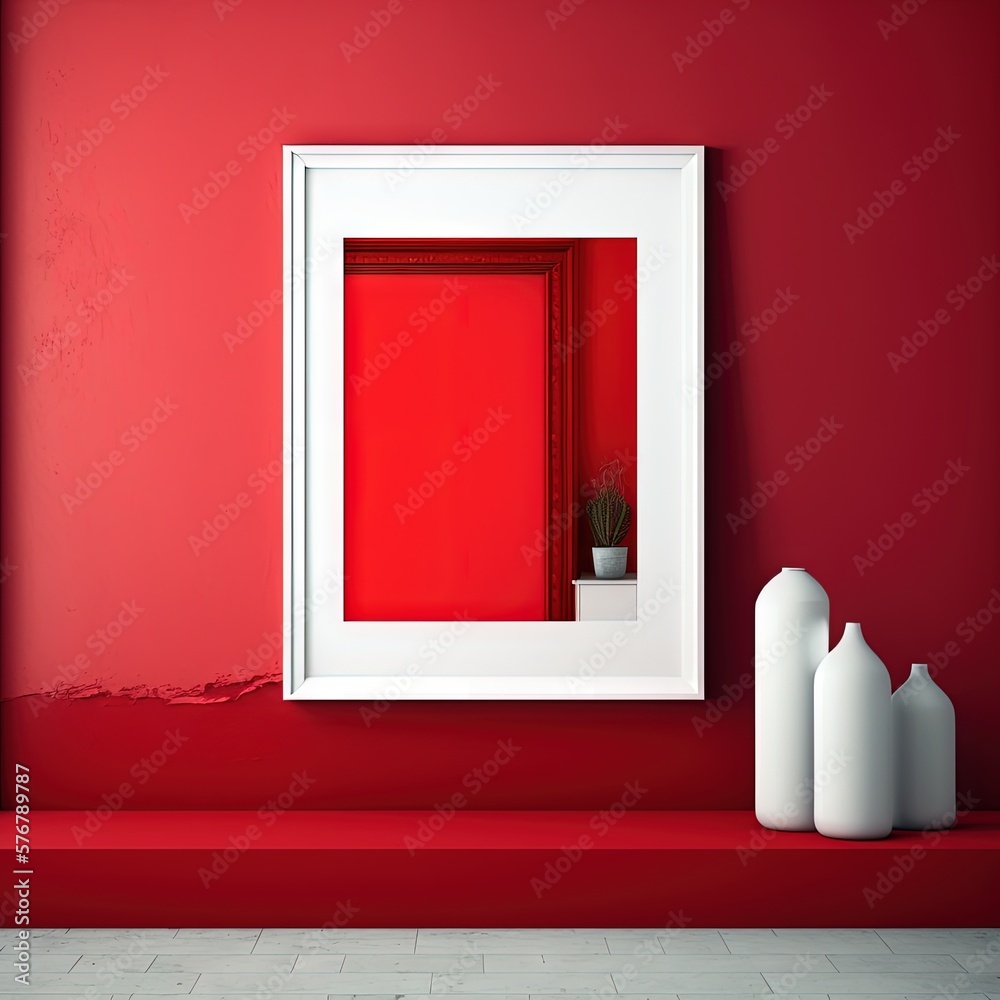  a red room with a white frame and a red wall with a white vase and a red door with a red door in th