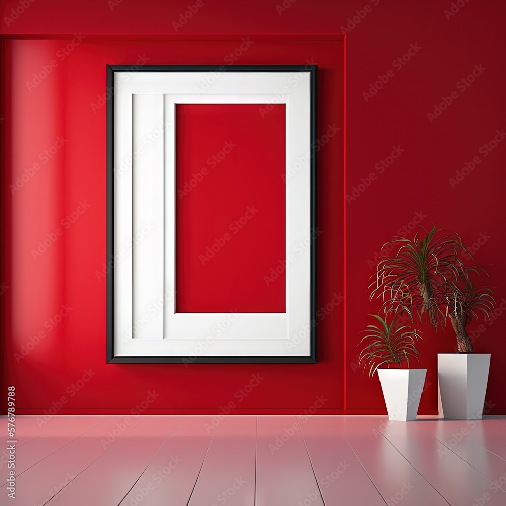  a red room with a white frame and a potted plant on the side of the room and a red wall with a whit