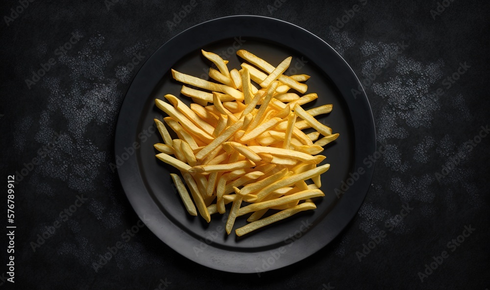  a plate of french fries on a black plate on a black tablecloth with a black background and a black 