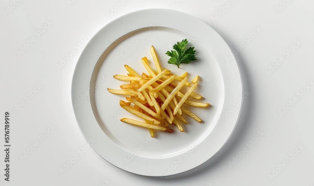  a plate of french fries with parsley on top of it on a white tablecloth with a green leaf on top of