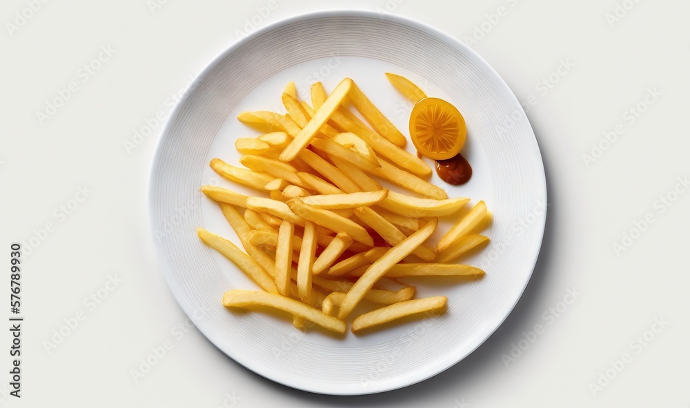  a white plate topped with french fries on top of a white counter top next to a slice of orange on t