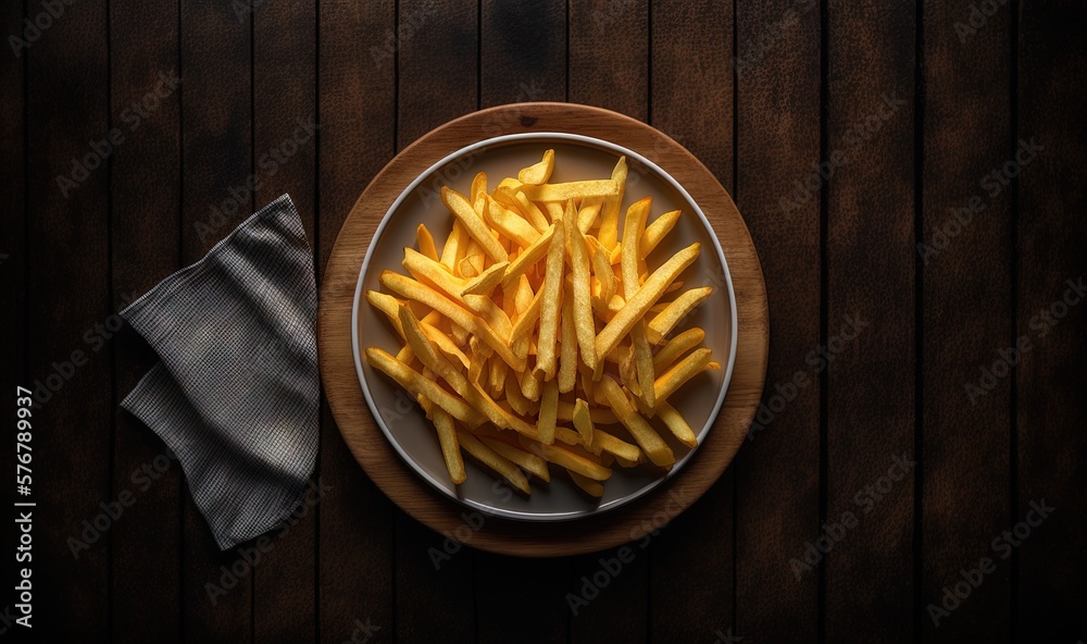  a plate of french fries on a wooden table next to a napkin and a napkin on a wooden tablecloth on a