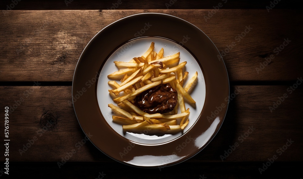  a plate of french fries with a sauce on top of them on a wooden table with a brown table cloth and 