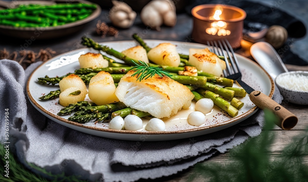  a white plate topped with scallops and asparagus next to a candle and a glass of wine on a wooden t