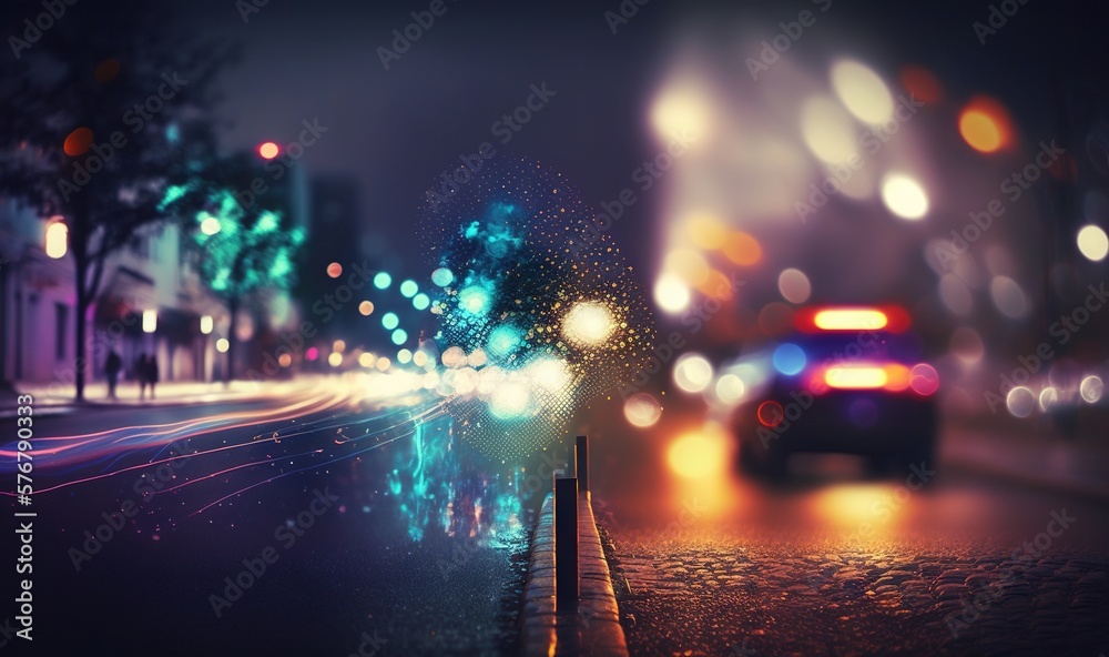  a blurry photo of a city street at night with a car driving down the street and a street light in t