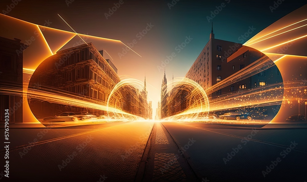  an abstract image of a city at night with a bright light at the end of the tunnel and buildings in 