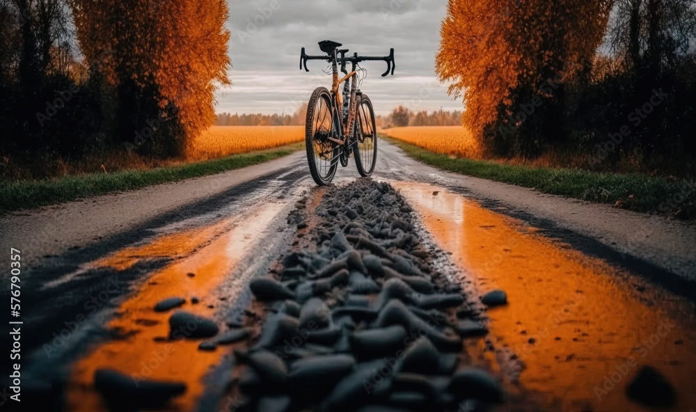  a bike parked on the side of a road next to a row of trees with orange leaves on it and a wet road 