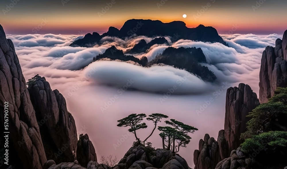  a mountain with a tree in the middle of it and a foggy sky above it with a sun in the distance abov