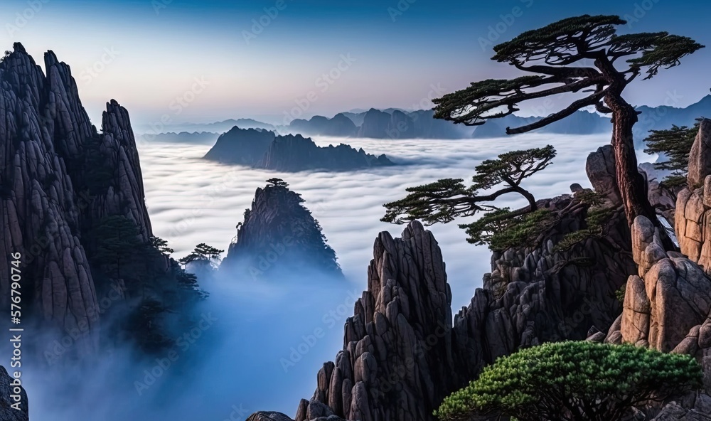  a mountain landscape with fog and trees in the foreground and a low hanging pine tree in the middle