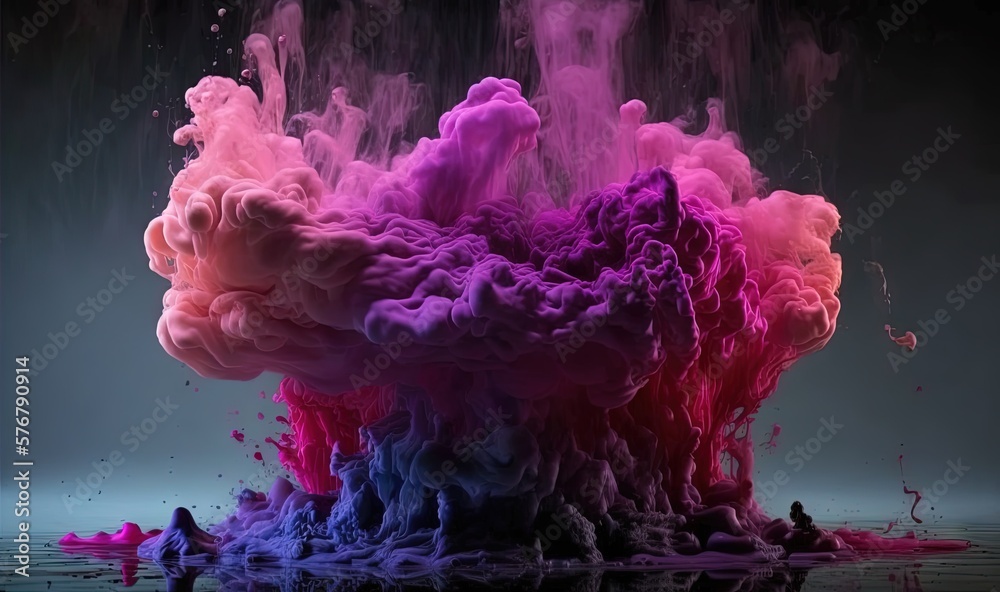  a group of colored smokes floating in the air on a black background with a reflection of water on t