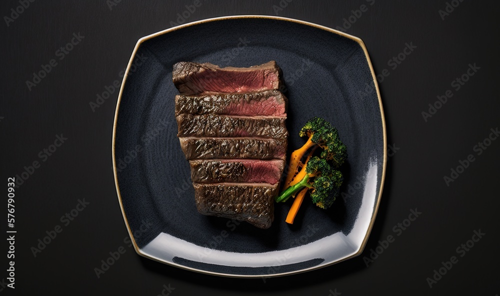  a piece of steak with broccoli and carrots on a black and white plate on a black surface with a gol