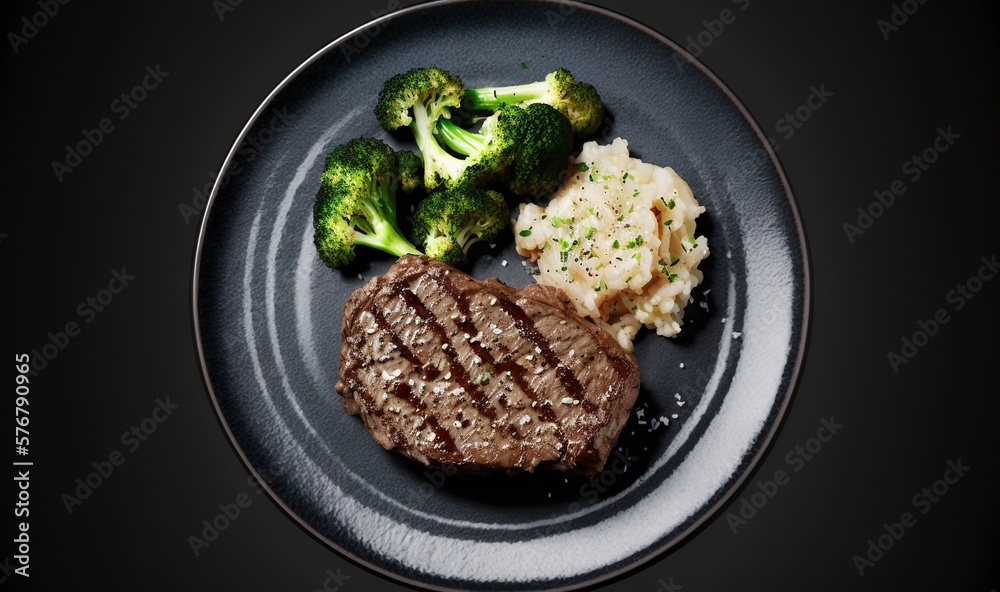  a plate with a steak, broccoli, and mashed potatoes on a black plate on a black tablecloth with a b