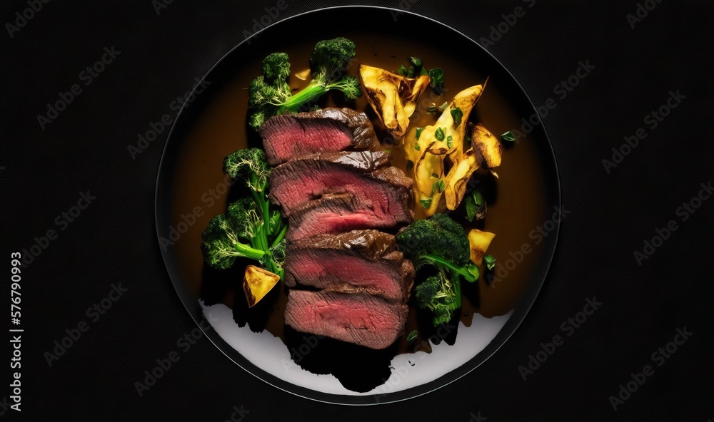  a plate of steak and broccoli on a black tablecloth with a black background with a black border aro