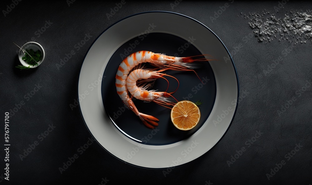  a plate of shrimp with a slice of lemon on the side and a small glass of water on the other side of