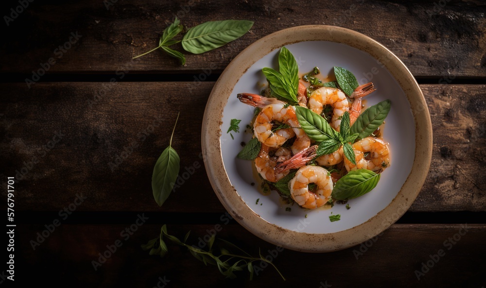  a plate of food with shrimp and herbs on a wooden table with a leafy green garnish on top of the pl