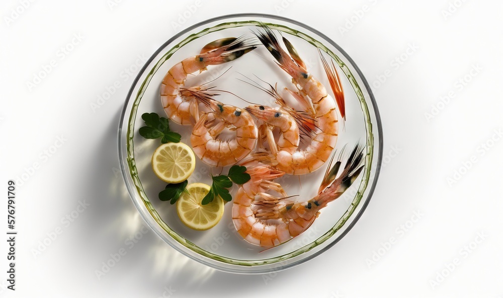  a plate of shrimp with lemon wedges and parsley on a white surface with a green stripe around the e