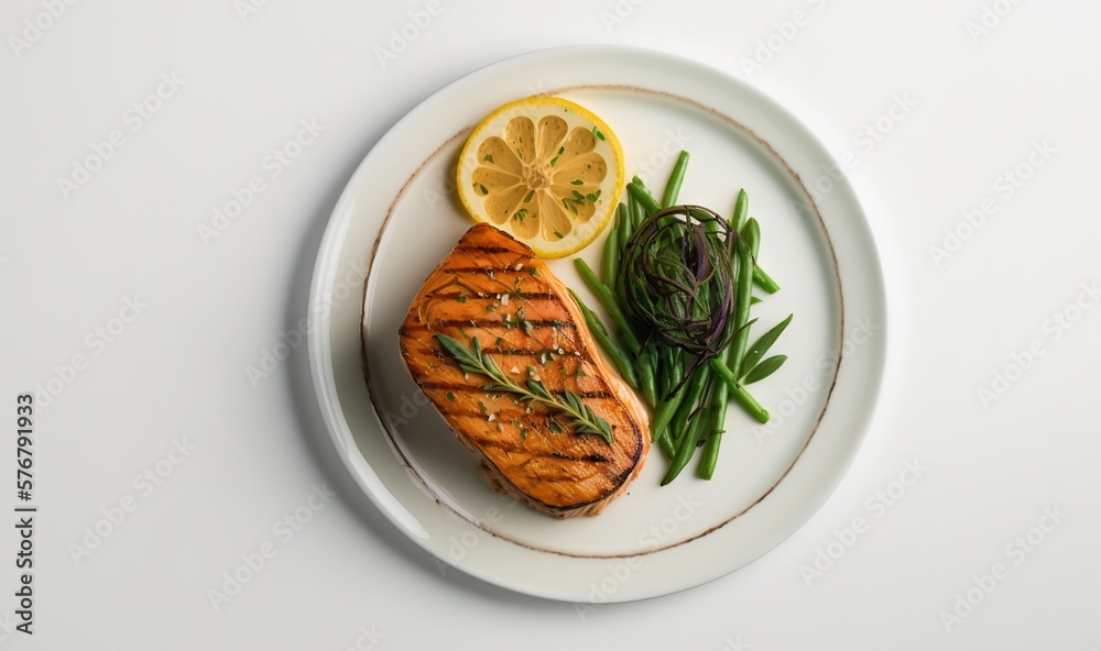  a white plate topped with a piece of meat and green beans next to a lemon wedge and a lemon slice o