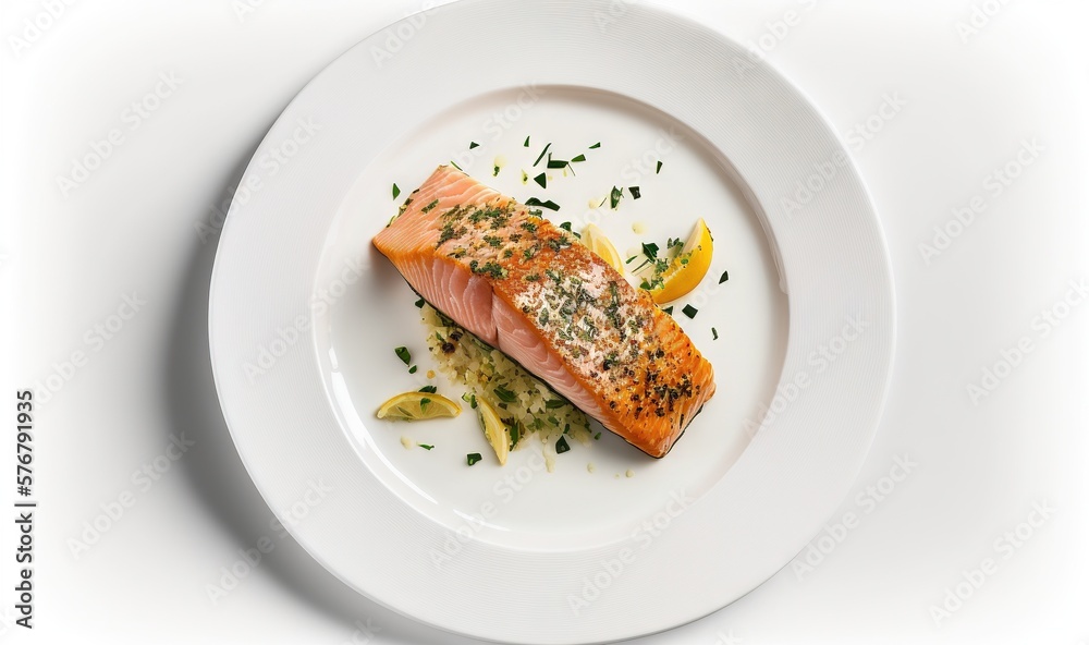  a white plate topped with a piece of salmon covered in herbs and garnished with lemon wedges and pa