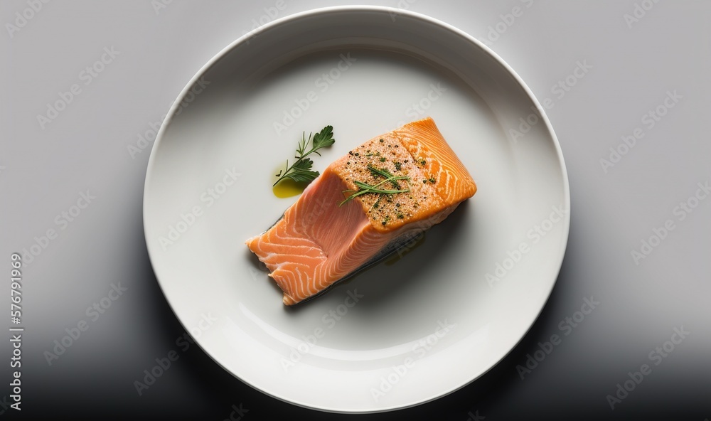  a white plate topped with a piece of salmon on top of a white tablecloth and a sprig of parsley on 