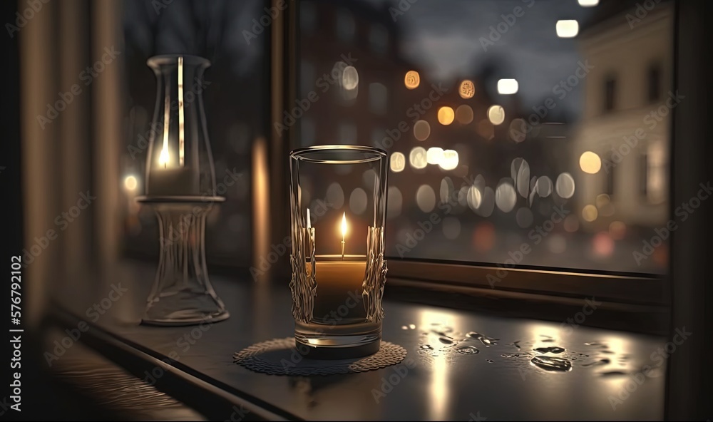  a candle is lit in a glass on a window sill in front of a cityscape at night with a cityscape in th