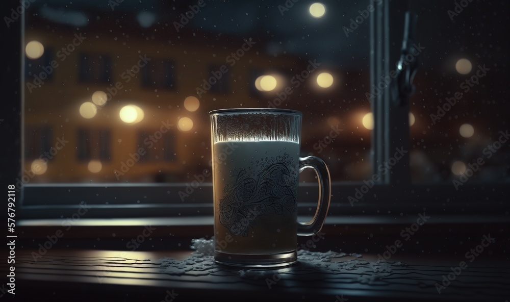  a glass of beer on a table in front of a window with a view of a city at night with boke of lights 