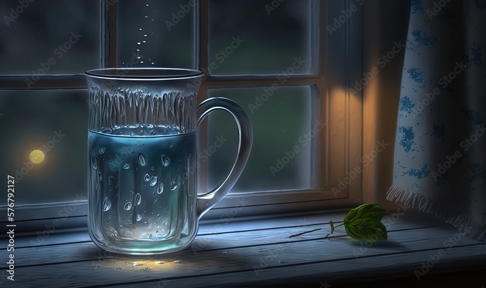  a glass of water sitting on a window sill next to a window sill with a green plant in it and a lit 