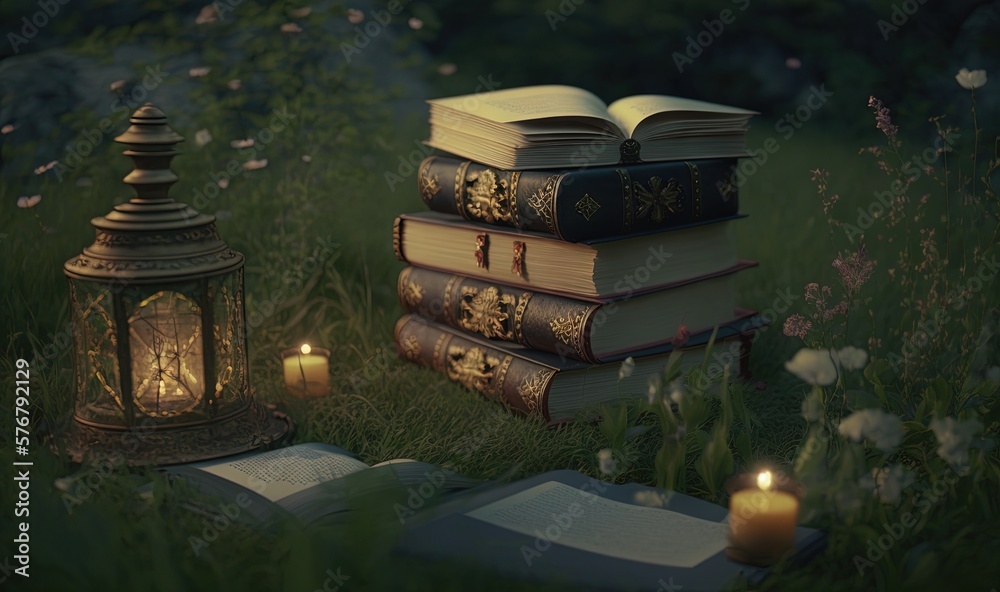  a stack of books sitting on top of a lush green field next to a lantern and a book on top of a pile