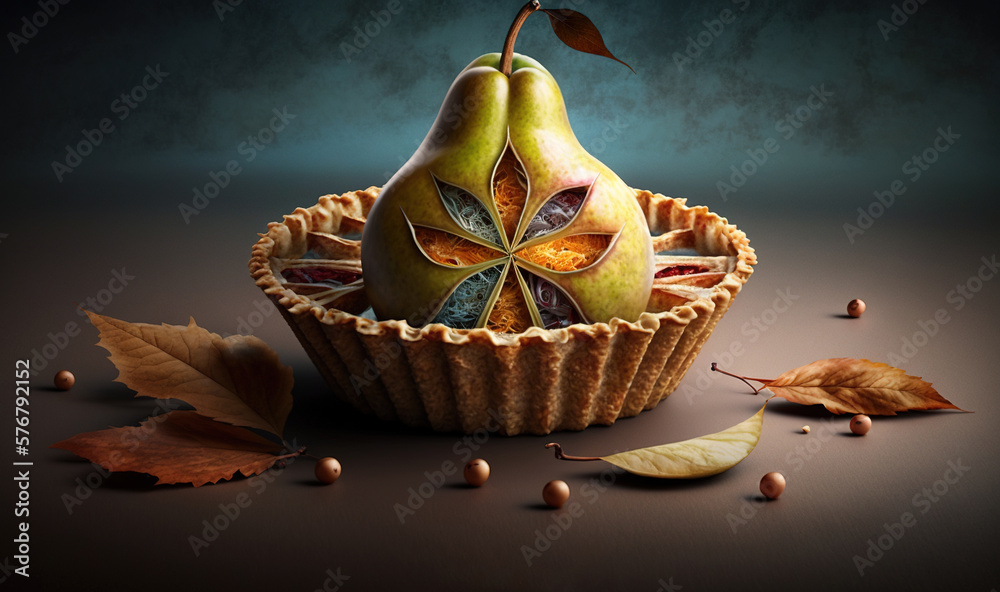  a painting of a pear in a tart shell with leaves around it and a star on the top of the tart shell,