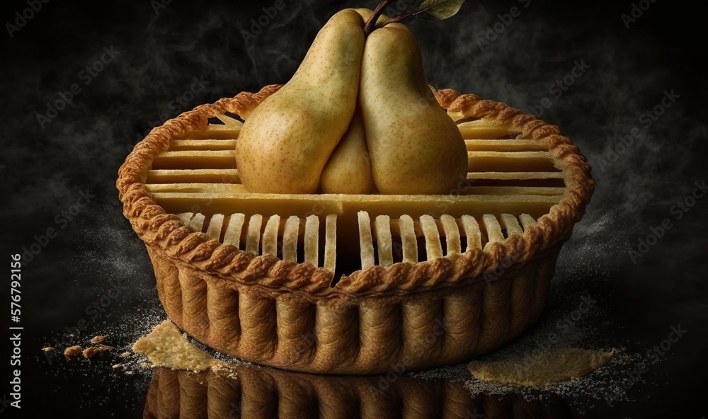  a basket filled with two pears sitting on top of a table next to a pile of bread on top of a black 