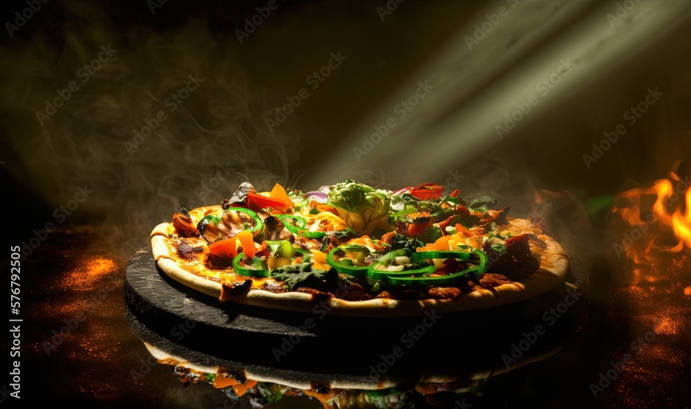  a pizza sitting on top of a wooden pizza pan covered in vegetables and peppers on a black surface w