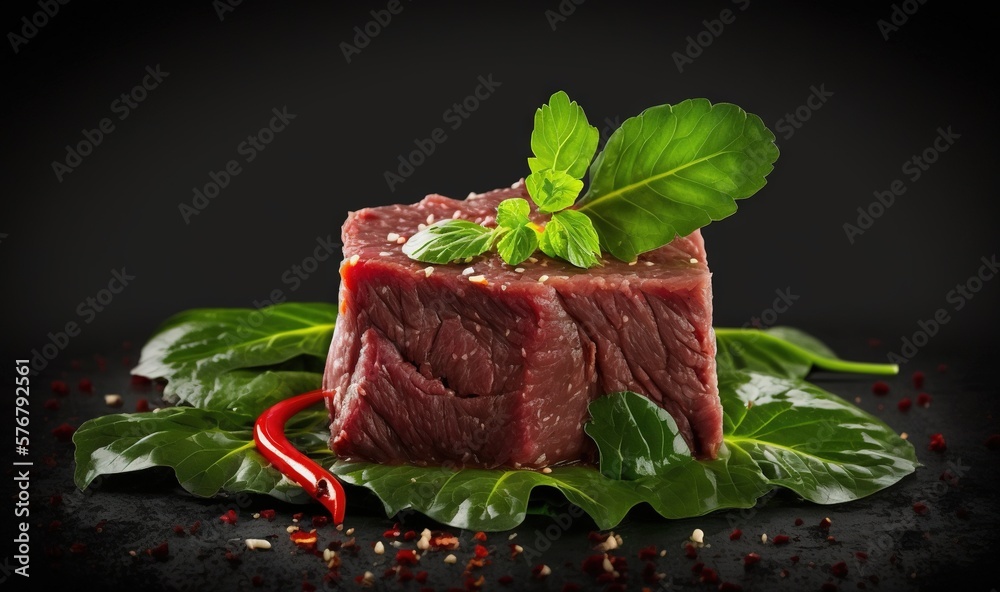  a piece of meat sitting on top of a leafy green leafy leafy leafy leafy leafy leafy leafy plant.  g