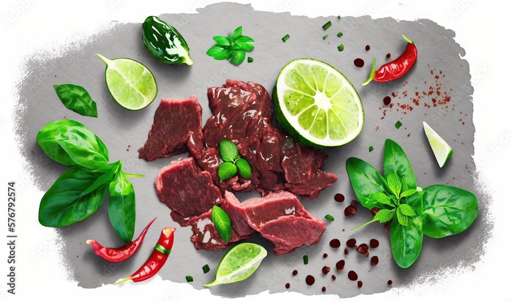  a piece of meat with herbs and limes on a gray surface with a white background and a red pepper, li