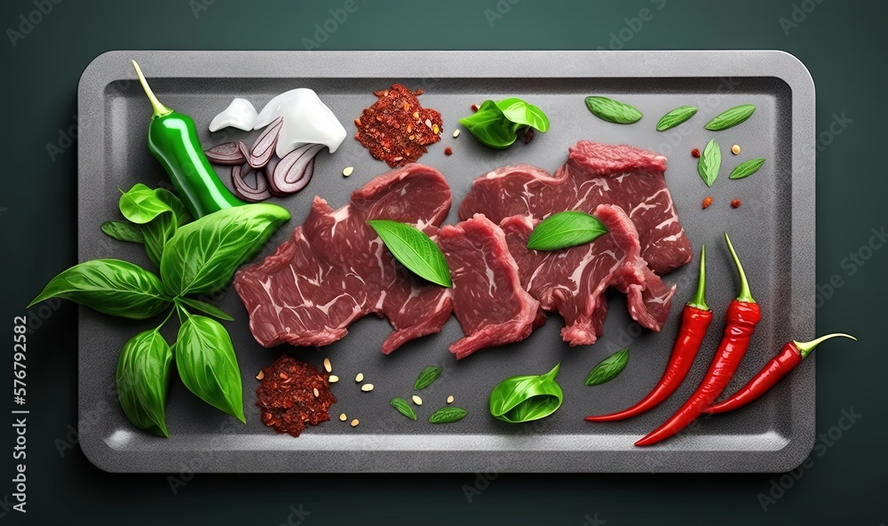  a tray with meat, peppers, and basil on it with a green pepper on the side of the tray and a green 