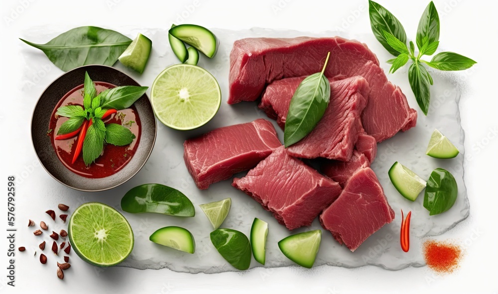  a plate of raw meat with garnishes and a bowl of sauce on a white surface with a green leafy garnis