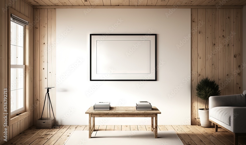  a living room with a couch, table and a picture frame on the wall with a picture frame on the wall 