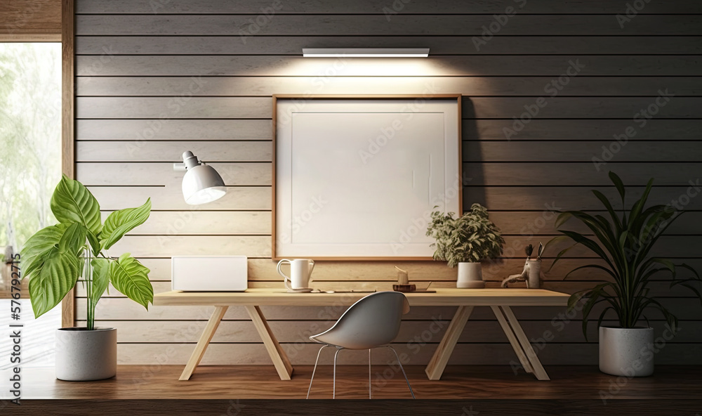  a desk with a plant and a poster on the wall in a room with wooden paneling and a window with a vie