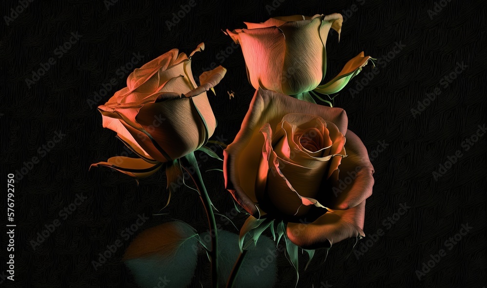  three orange roses in a vase on a black background with a reflection of the flowers in the vase on 