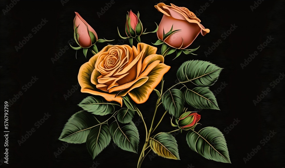  a painting of a yellow rose with green leaves on a black background with a red rose in the center o