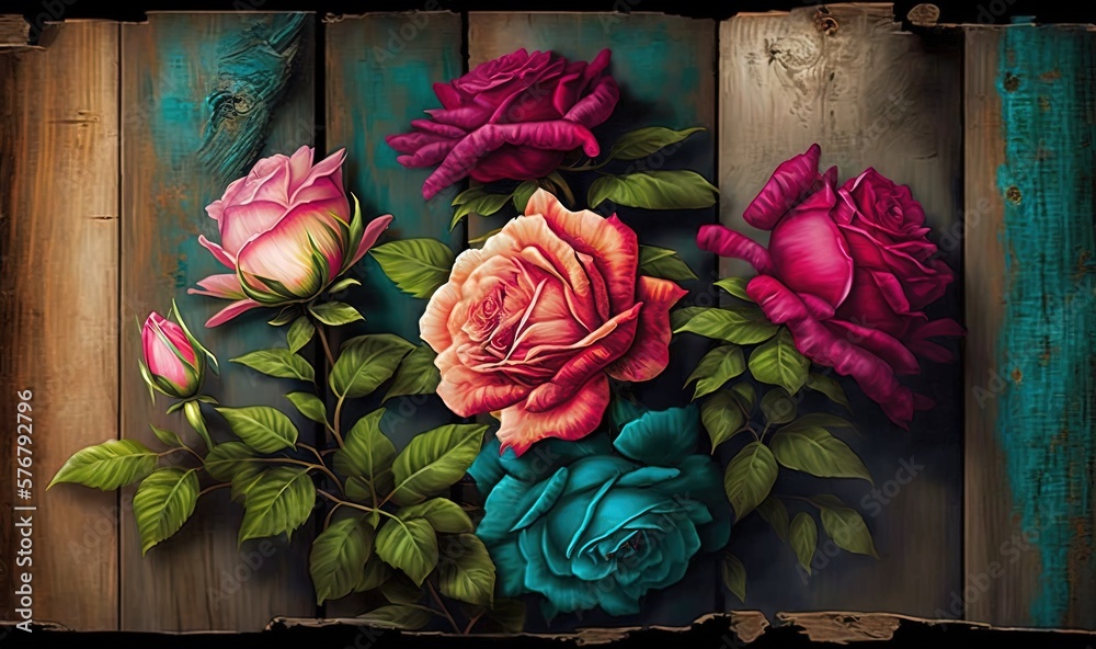  a painting of a bunch of roses on a wooden background with green leaves and pink and red flowers on